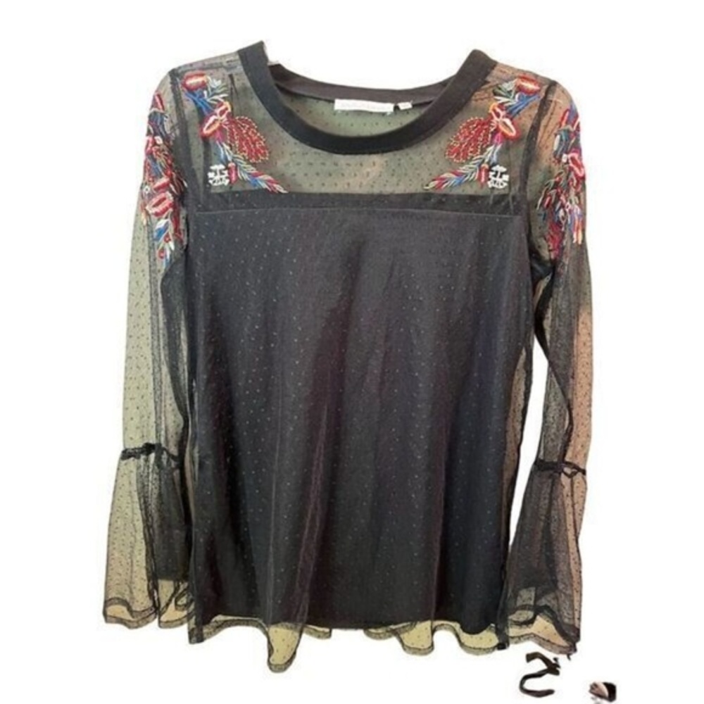 Paradiso Women's Floral Embroidered Mesh Top Black S Bell Sleeves - Picture 1 of 8